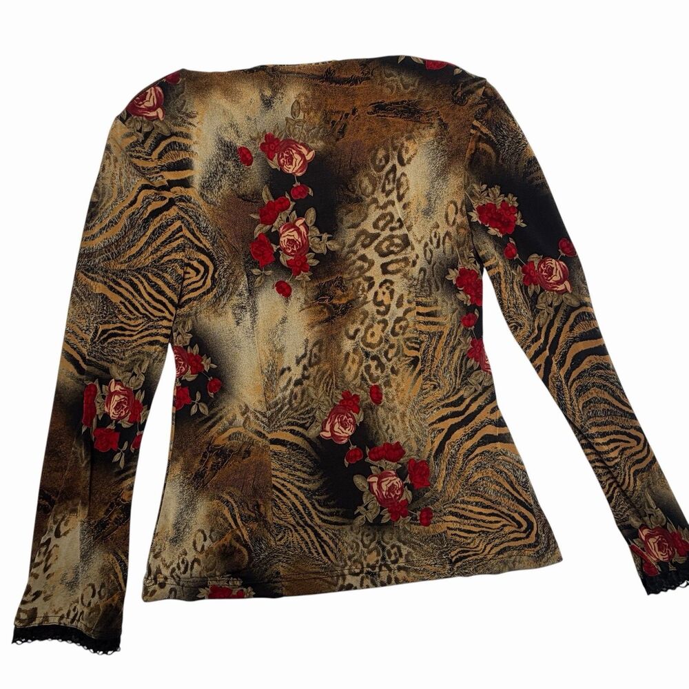 Y2K Midnight Velvet Animal Print Floral Blouse Roses Lace Trim - Picture 2 of 9